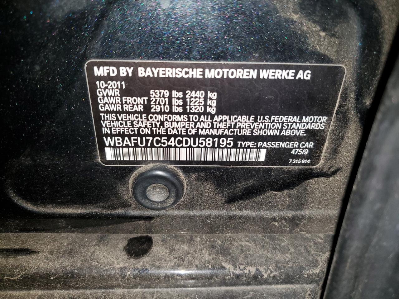 2012 BMW 535 Xi VIN: WBAFU7C54CDU58195 Lot: 82179945