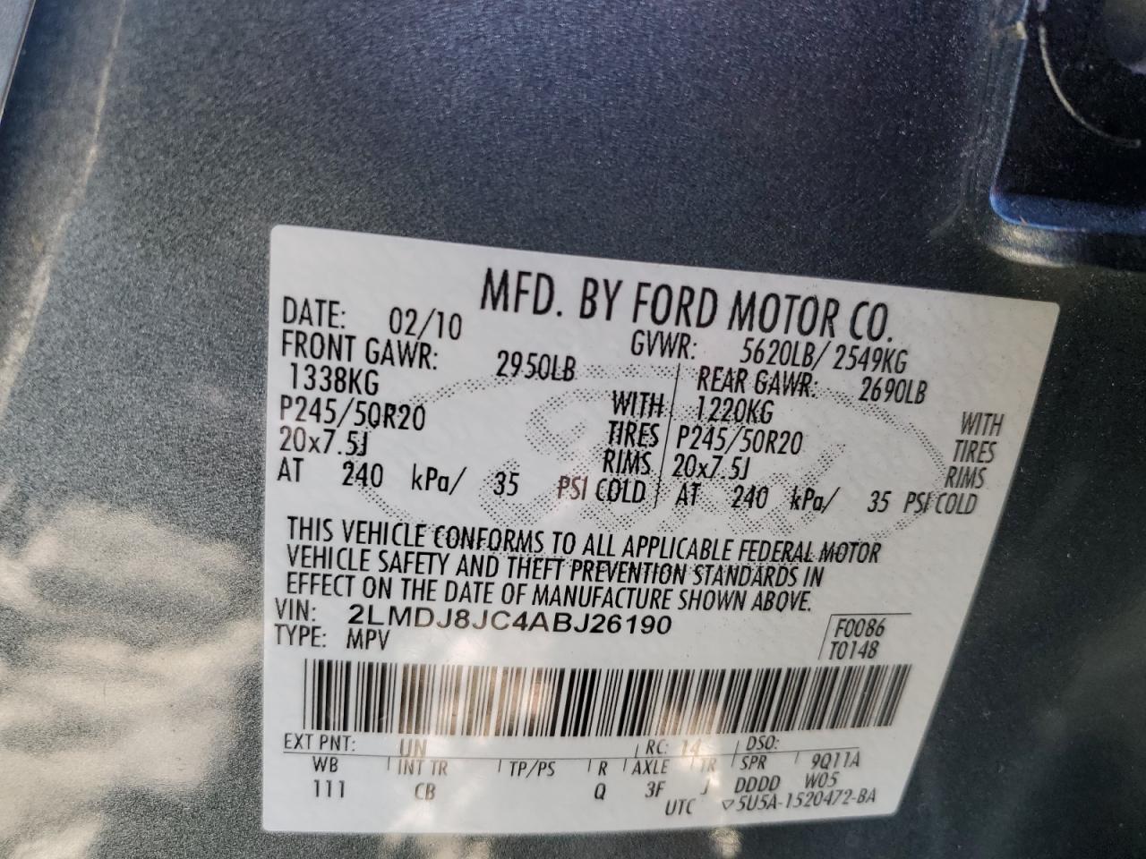 2010 Lincoln Mkx VIN: 2LMDJ8JC4ABJ26190 Lot: 84744865