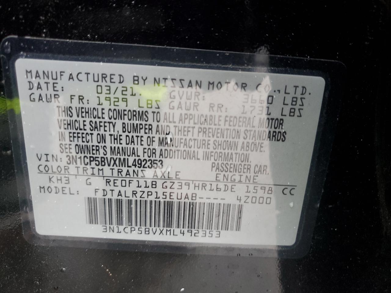 2021 Nissan Kicks S VIN: 3N1CP5BVXML492353 Lot: 82229505