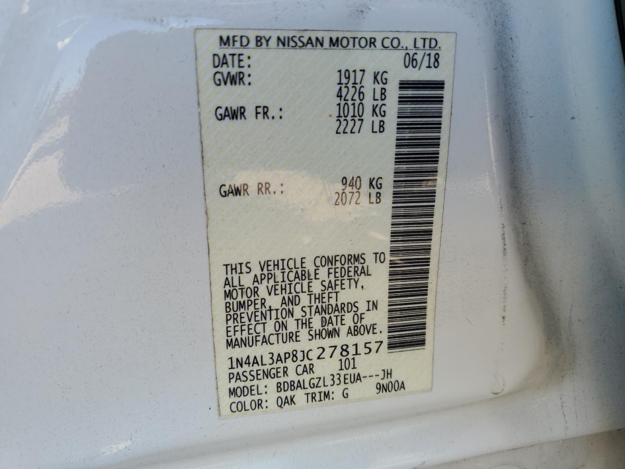 2018 Nissan Altima 2.5 VIN: 1N4AL3AP8JC278157 Lot: 86635105