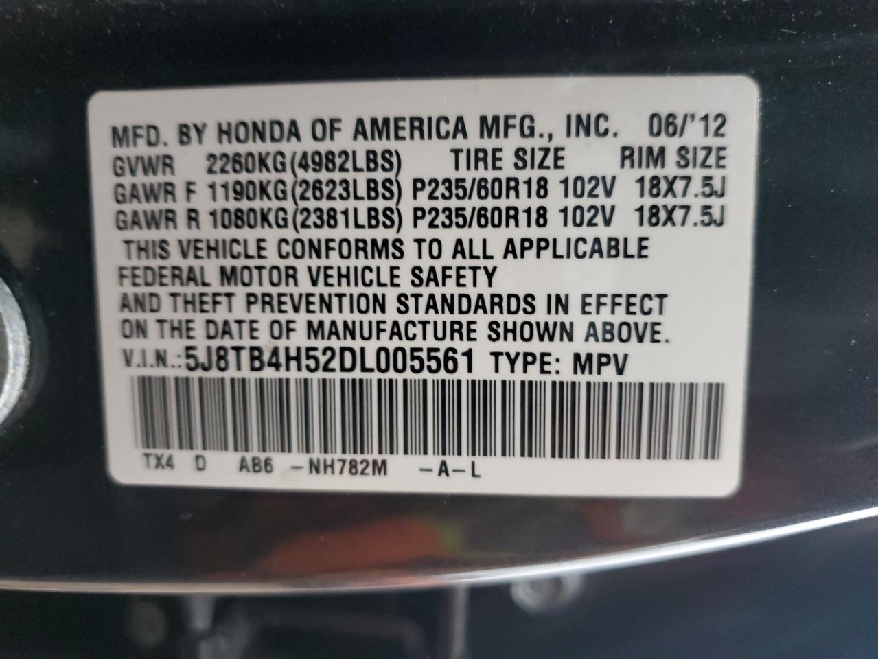 2013 Acura Rdx Technology VIN: 5J8TB4H52DL005561 Lot: 86623975