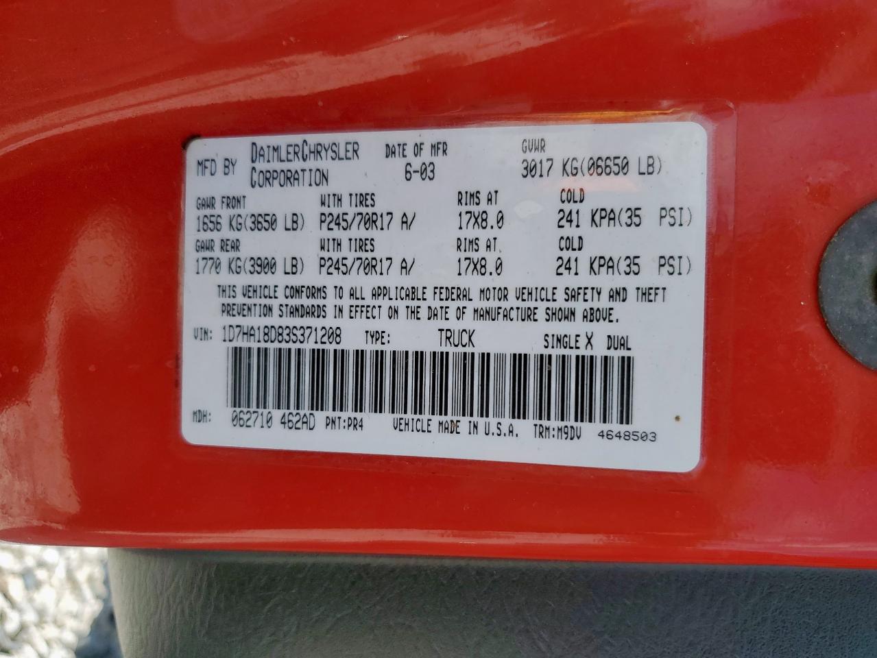 2003 Dodge Ram 1500 St VIN: 1D7HA18D83S371208 Lot: 90537485