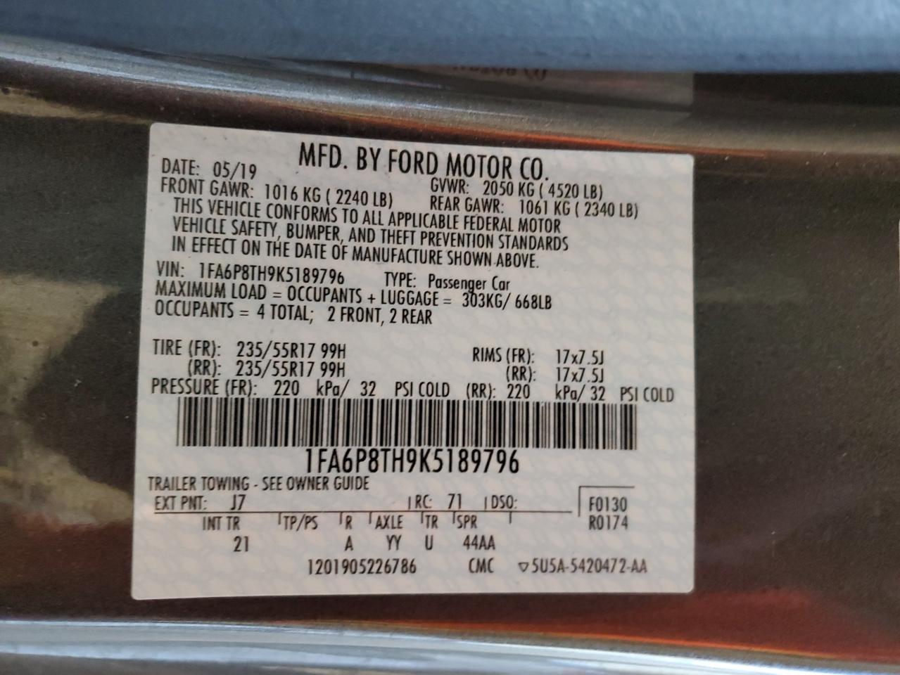 2019 Ford Mustang VIN: 1FA6P8TH9K5189796 Lot: 89919255