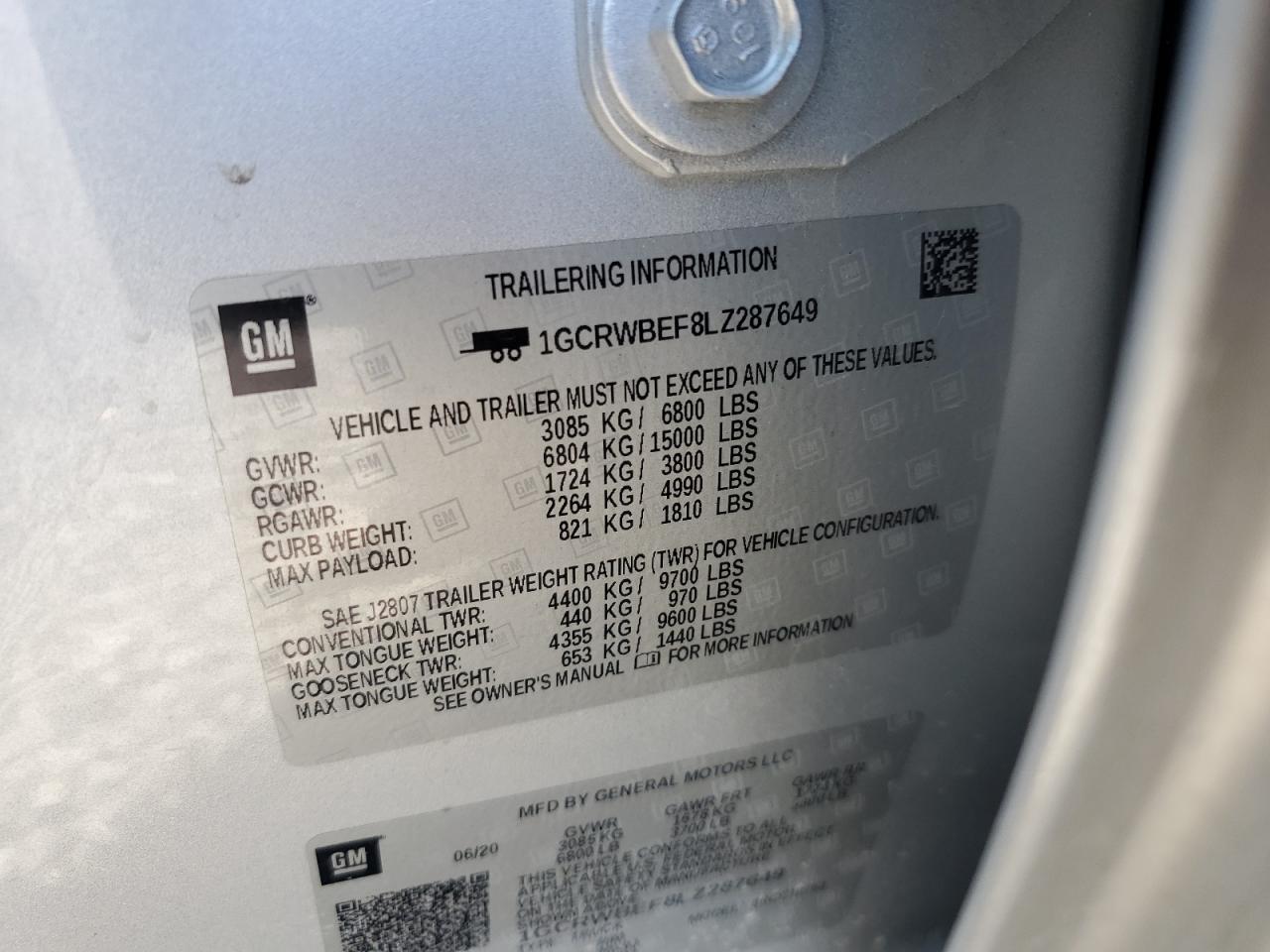 2020 Chevrolet Silverado C1500 Custom VIN: 1GCRWBEF8LZ287649 Lot: 86441015
