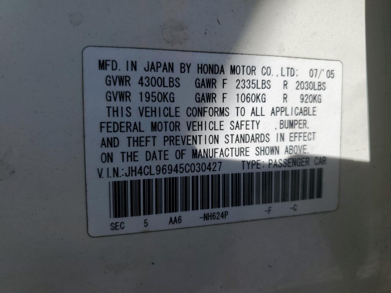 2005 Acura Tsx VIN: JH4CL96945C030427 Lot: 82461575