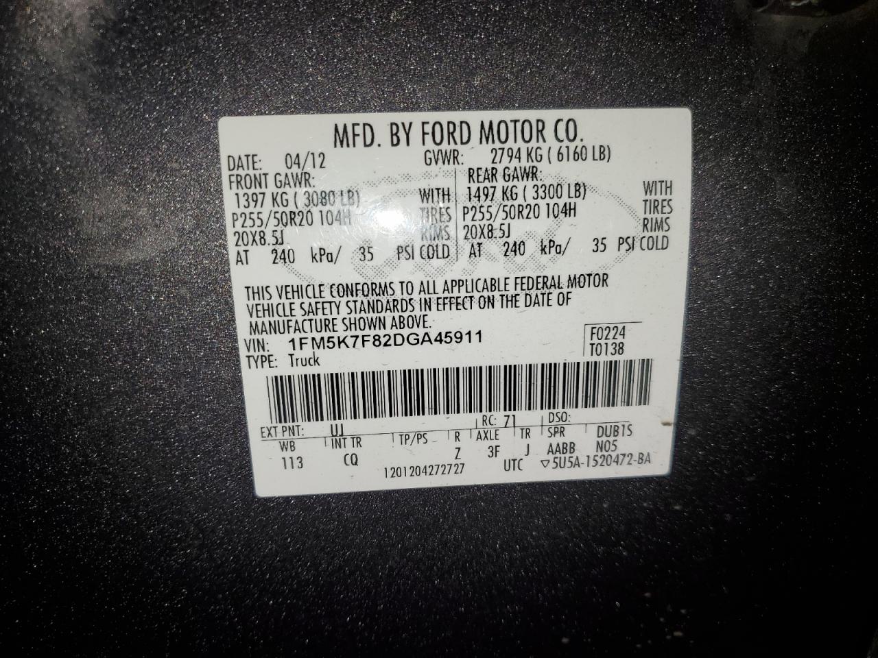 2013 Ford Explorer Limited VIN: 1FM5K7F82DGA45911 Lot: 81942395