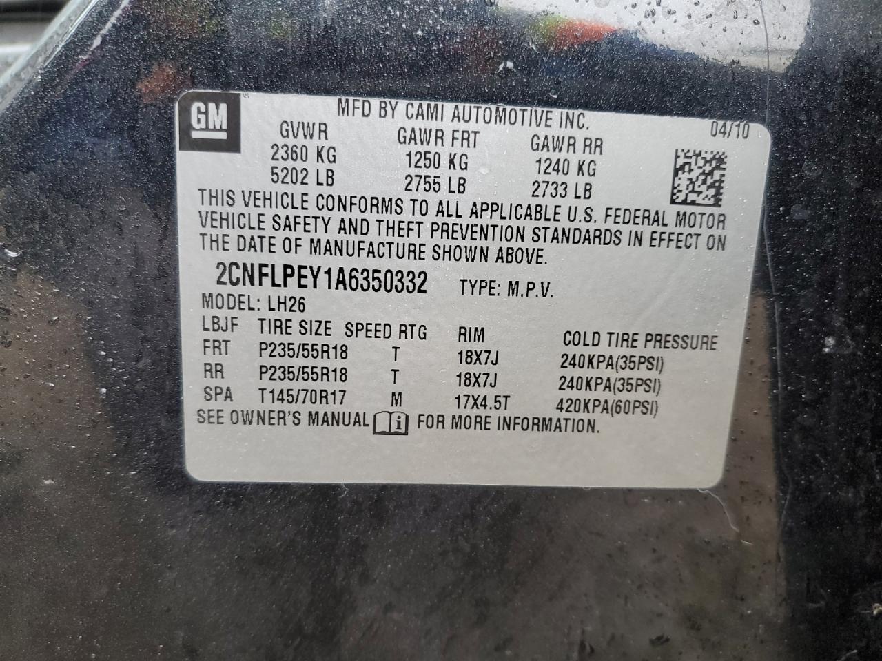 2010 Chevrolet Equinox Lt VIN: 2CNFLPEY1A6350332 Lot: 85669905