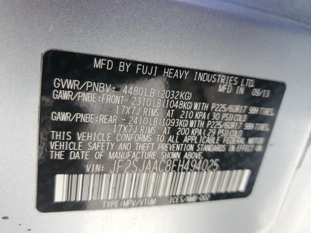 2014 Subaru Forester 2.5I VIN: JF2SJAAC8EH494025 Lot: 89657455