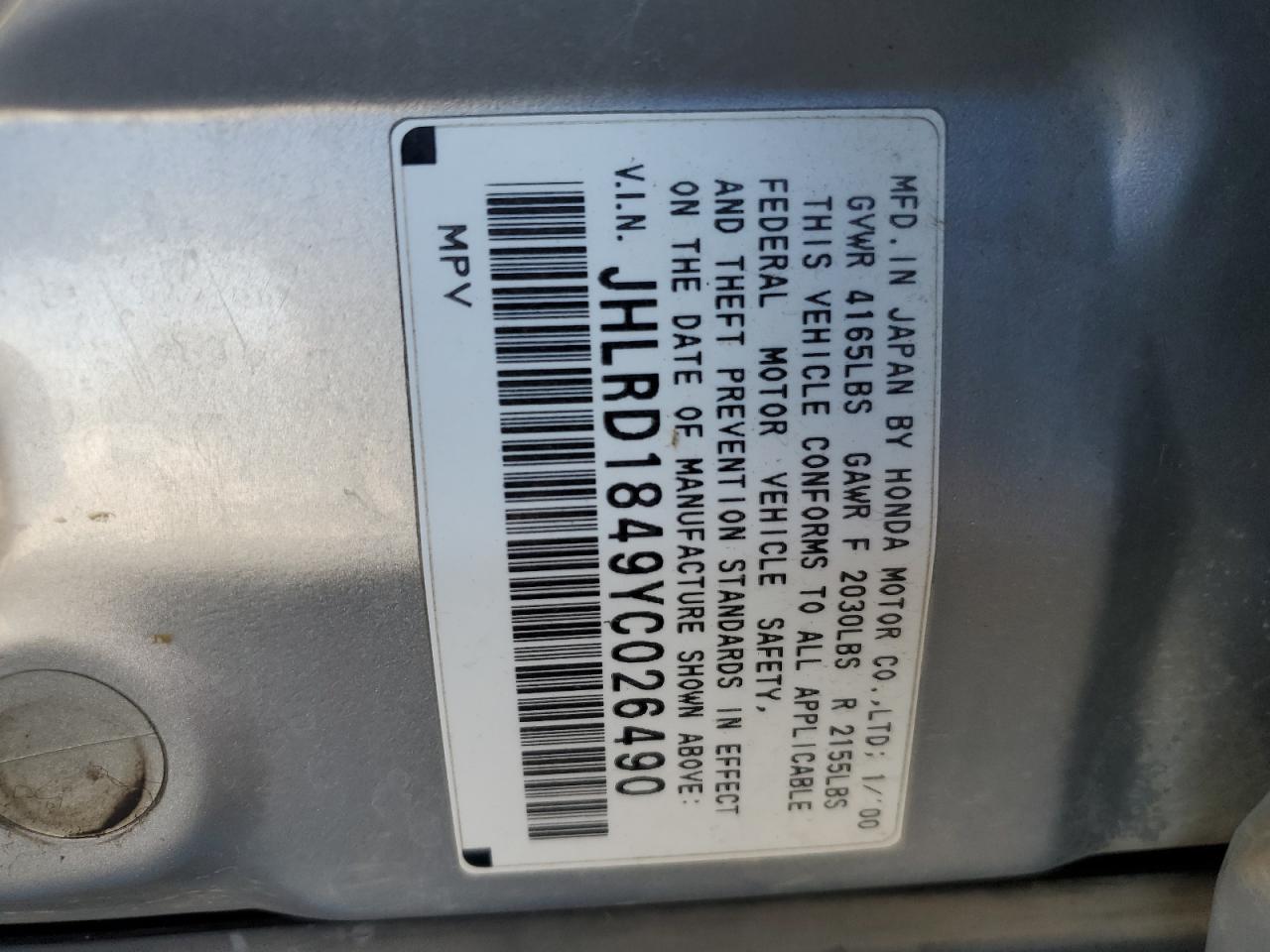 2000 Honda Cr-V Lx VIN: JHLRD1849YC026490 Lot: 82296575