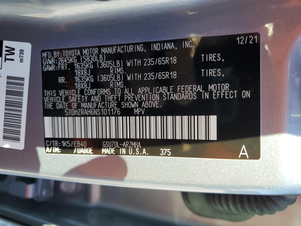 2022 Toyota Highlander Xle VIN: 5TDHZRAH6NS101176 Lot: 86164395