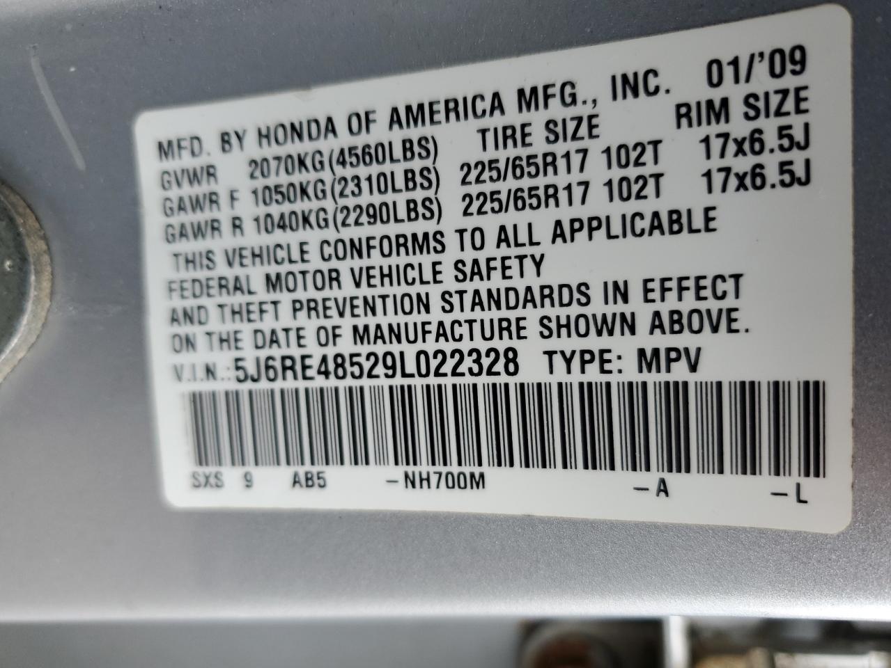 2009 Honda Cr-V Ex VIN: 5J6RE48529L022328 Lot: 82235135