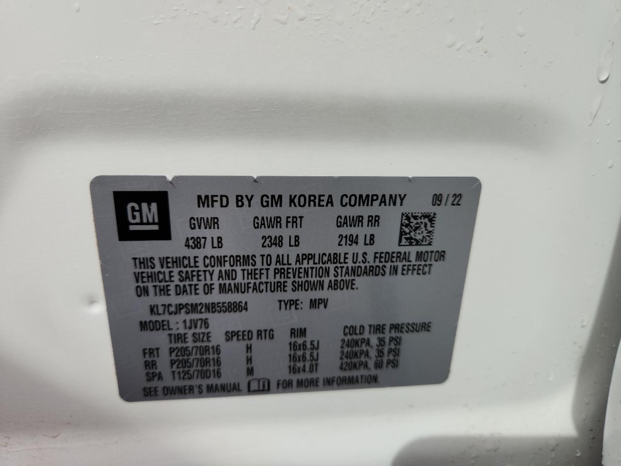 2022 Chevrolet Trax 1Lt VIN: KL7CJPSM2NB558864 Lot: 86167225