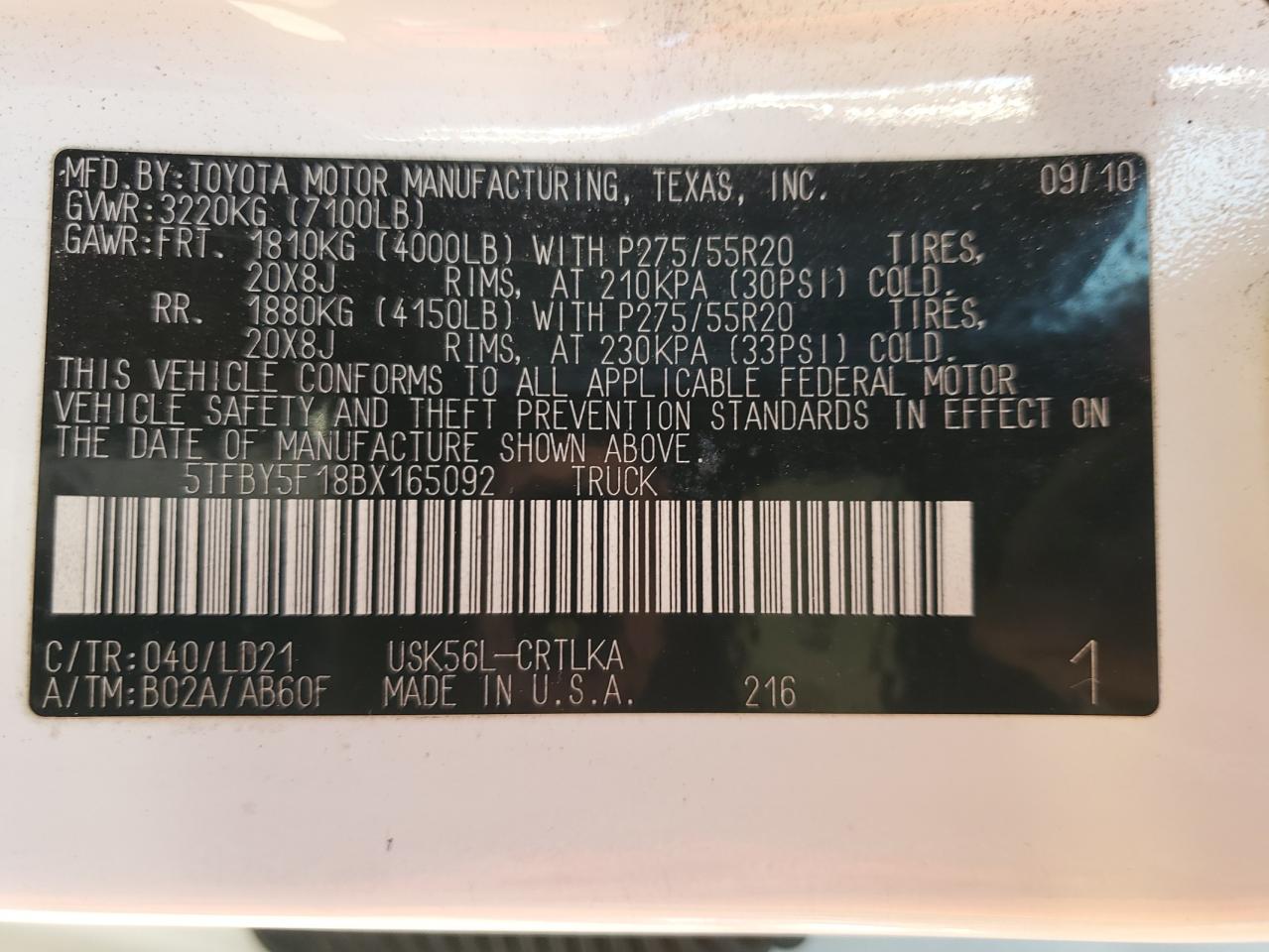 2011 Toyota Tundra Double Cab Limited VIN: 5TFBY5F18BX165092 Lot: 82342785