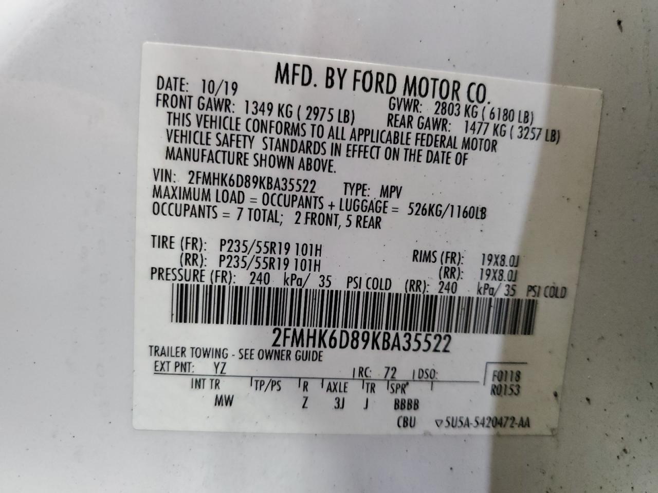 2019 Ford Flex Limited VIN: 2FMHK6D89KBA35522 Lot: 87181195