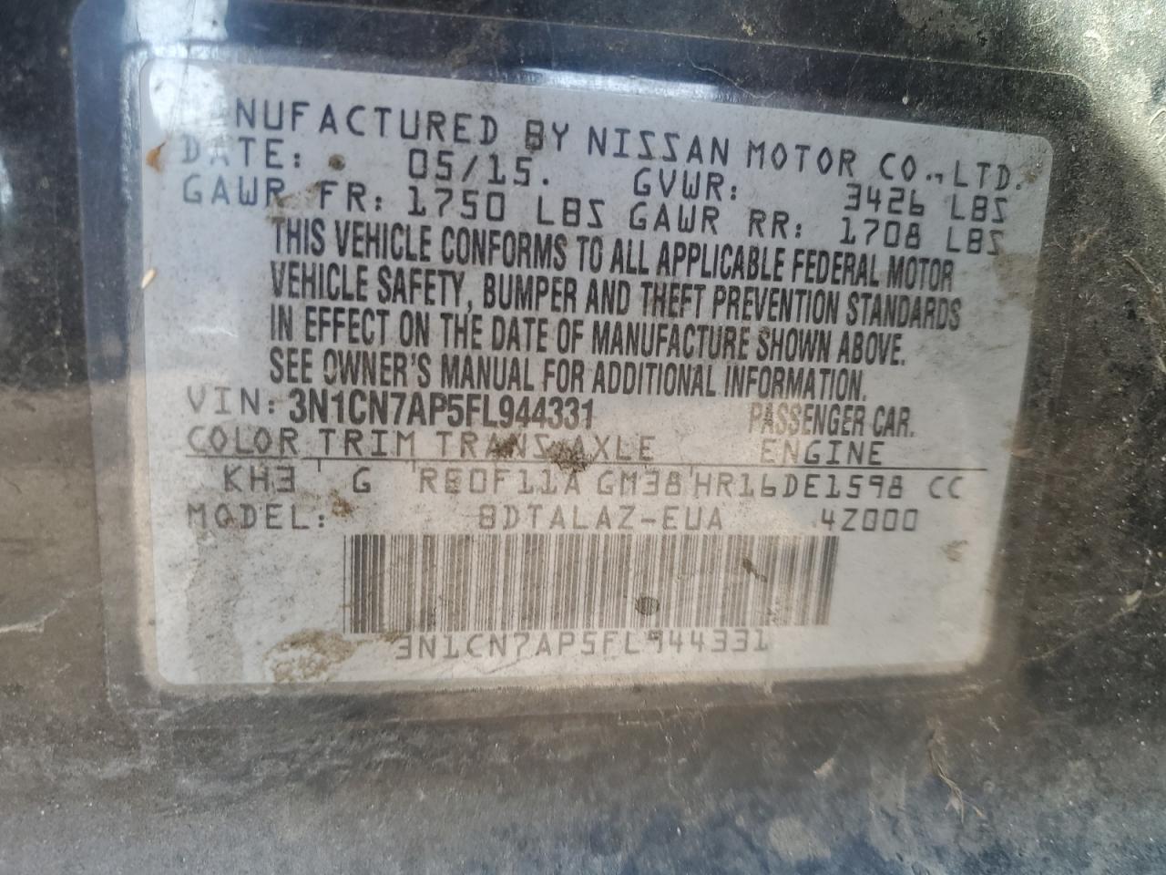 2015 Nissan Versa S VIN: 3N1CN7AP5FL944331 Lot: 85327915