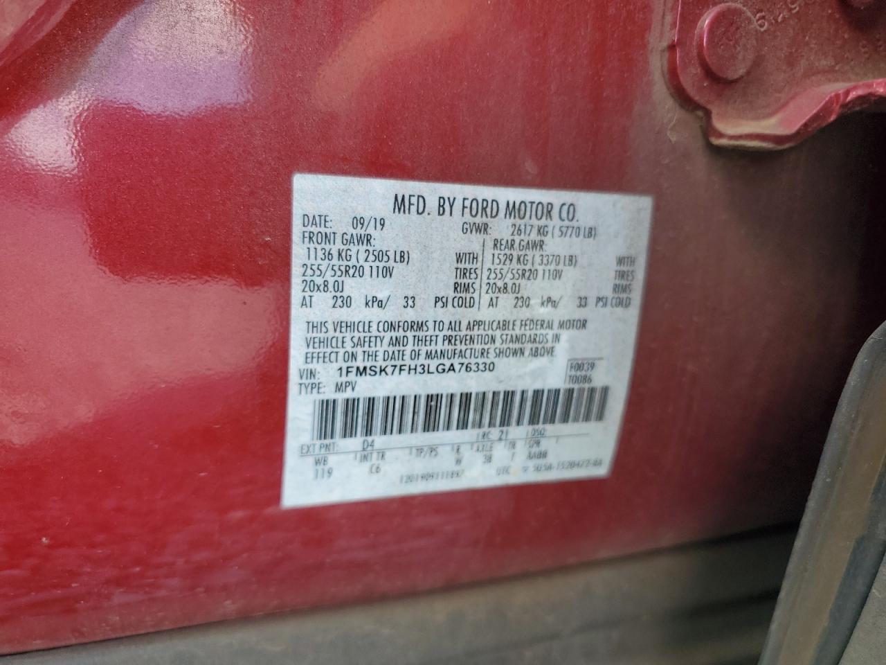 2020 Ford Explorer Limited VIN: 1FMSK7FH3LGA76330 Lot: 82409515