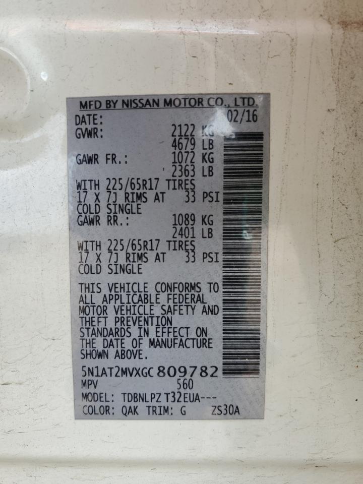 2016 Nissan Rogue S VIN: 5N1AT2MVXGC809782 Lot: 82316085