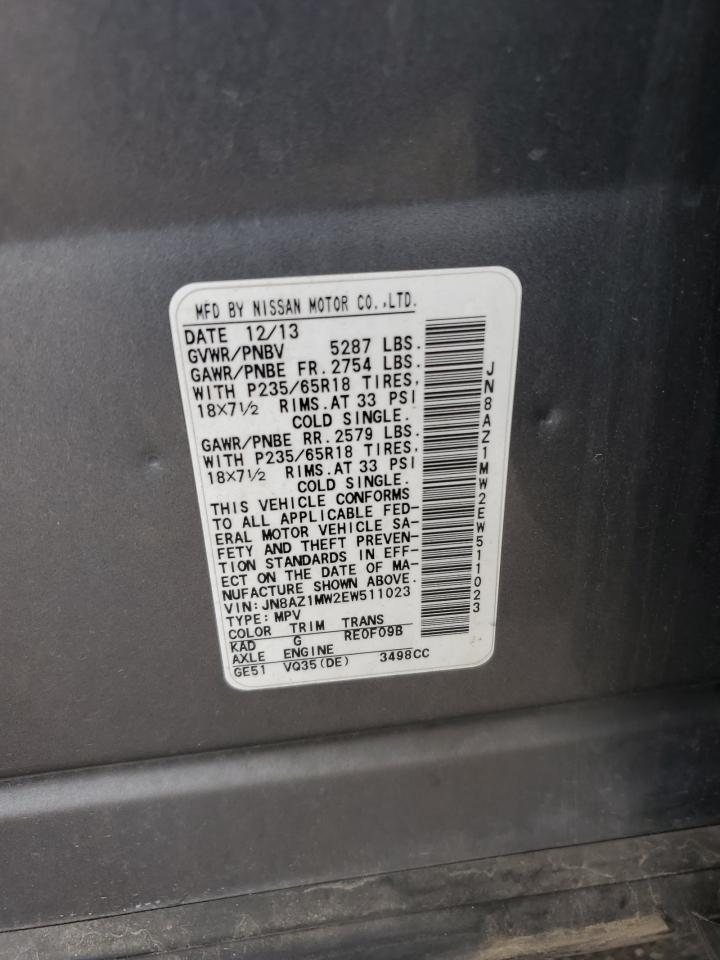 2014 Nissan Murano S VIN: JN8AZ1MW2EW511023 Lot: 86144555