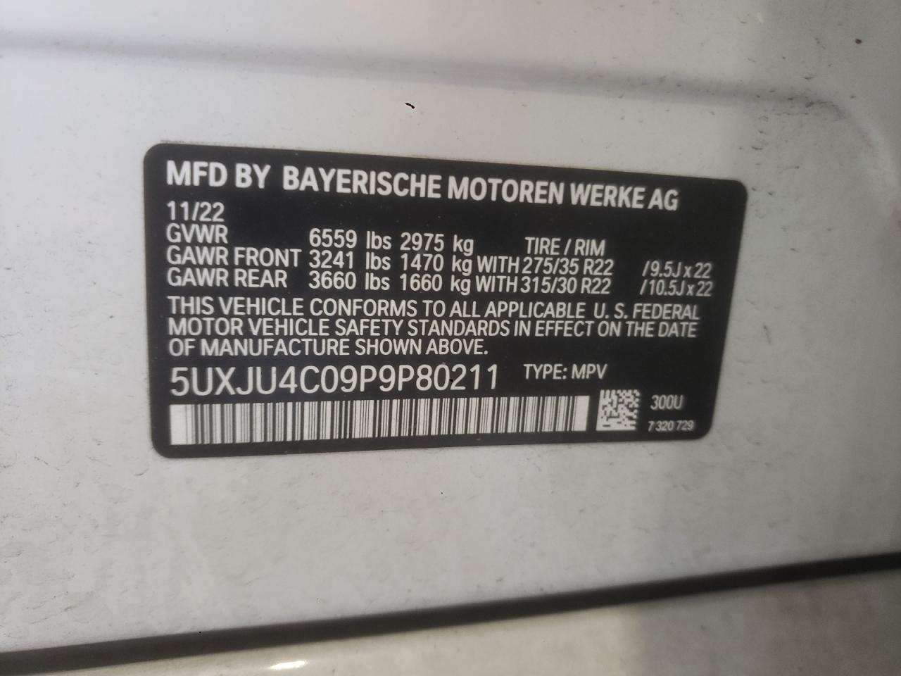 2023 BMW X5 M50I VIN: 5UXJU4C09P9P80211 Lot: 89658375