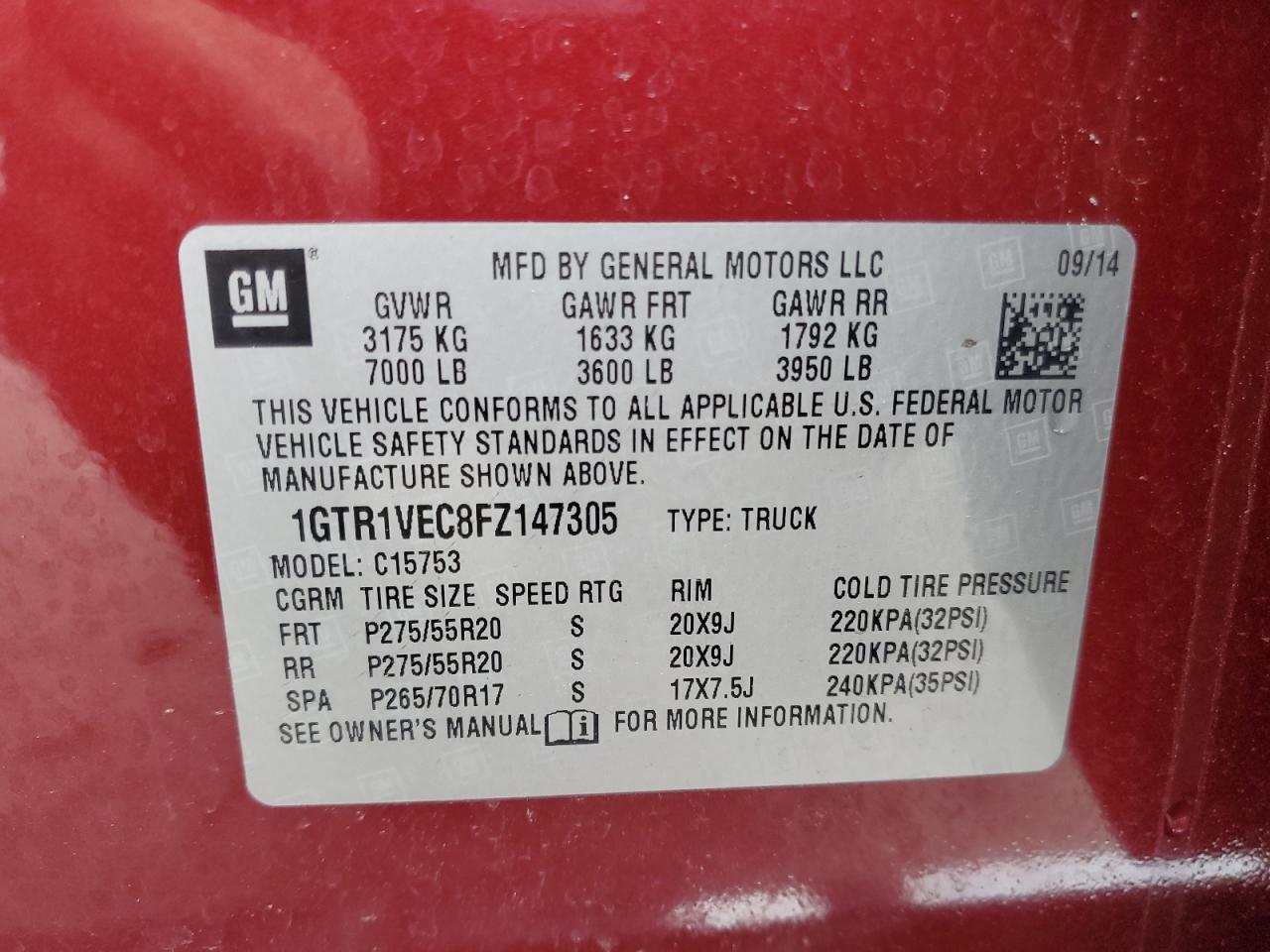 2015 GMC Sierra C1500 Slt VIN: 1GTR1VEC8FZ147305 Lot: 82264545