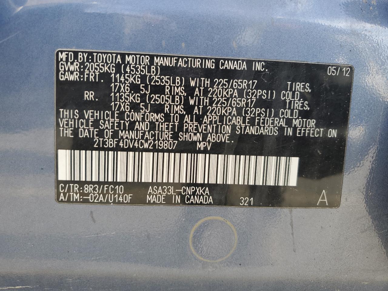 2012 Toyota Rav4 VIN: 2T3BF4DV4CW219807 Lot: 81947695