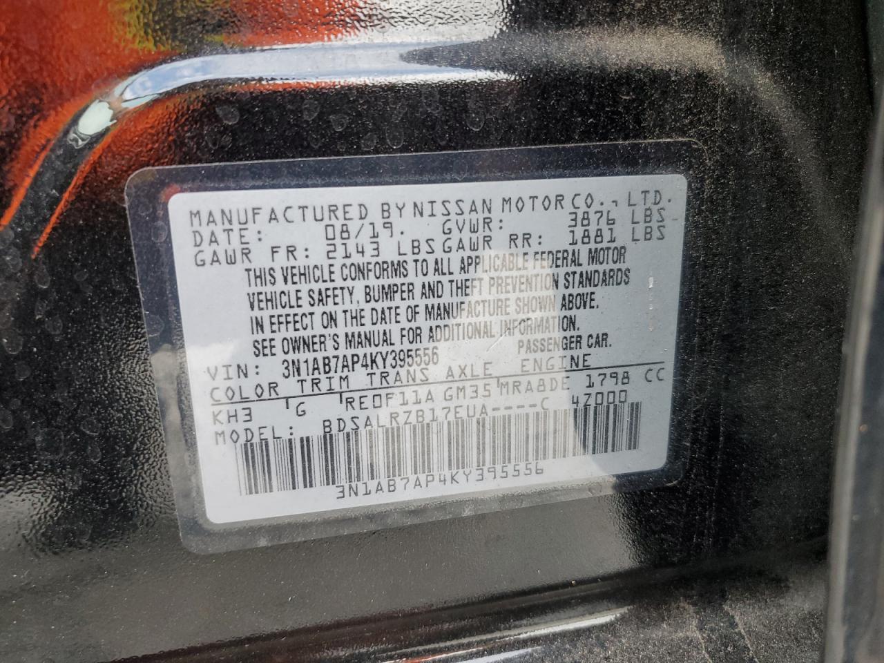 2019 Nissan Sentra S VIN: 3N1AB7AP4KY395556 Lot: 82259375