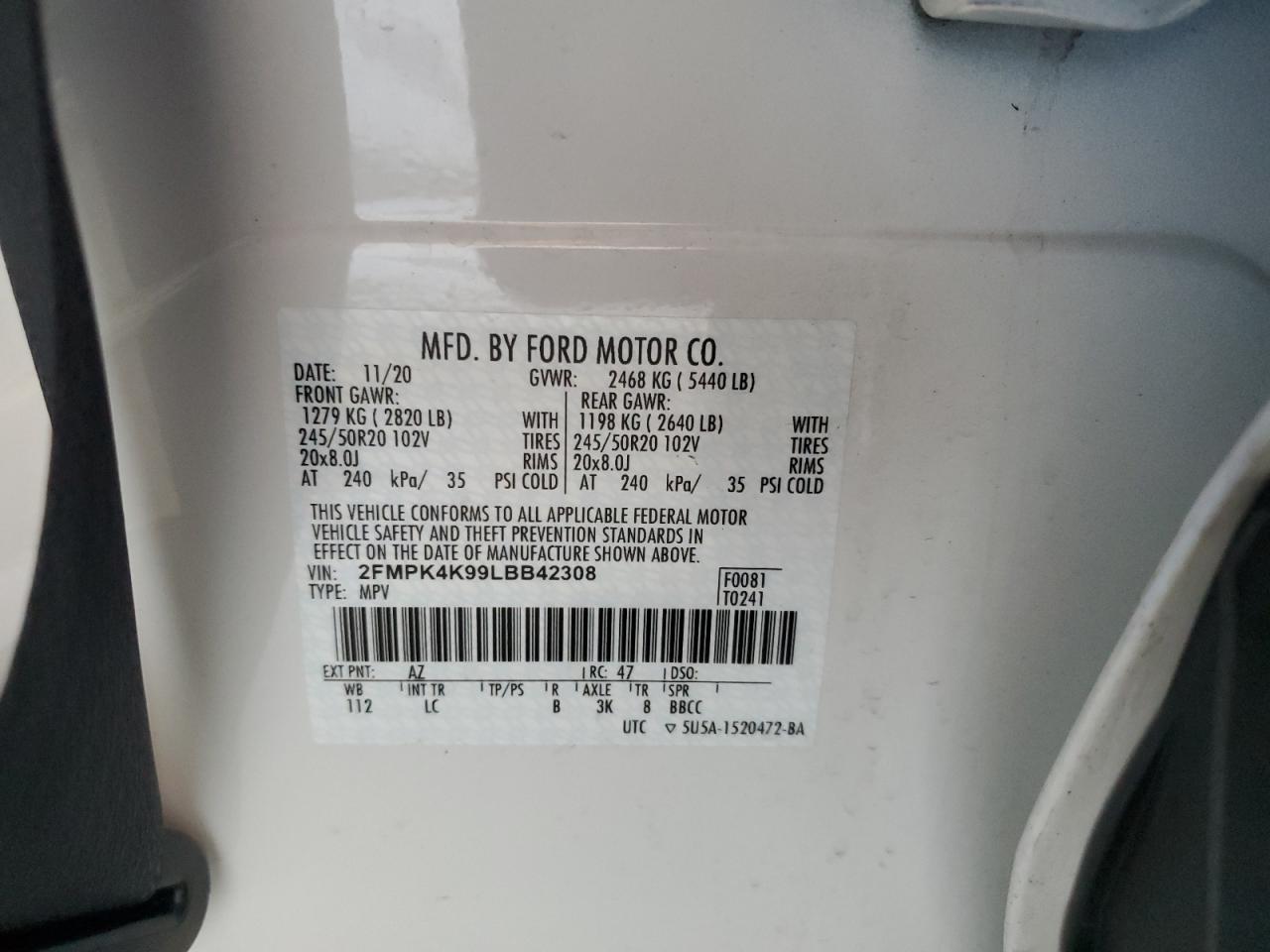 2020 Ford Edge Titanium VIN: 2FMPK4K99LBB42308 Lot: 86284915