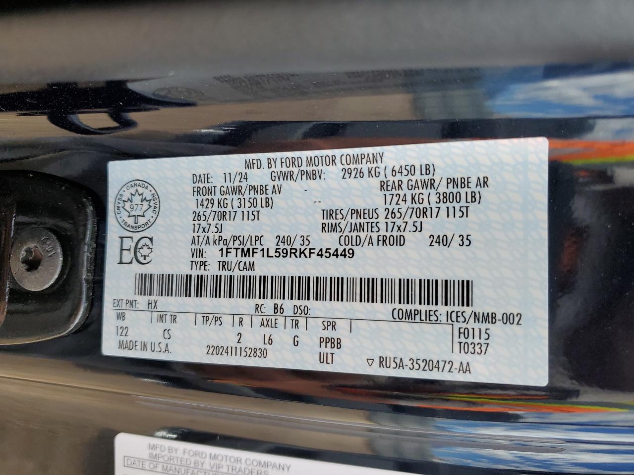 2024 Ford F150 Xl VIN: 1FTMF1L59RKF45449 Lot: 84353425