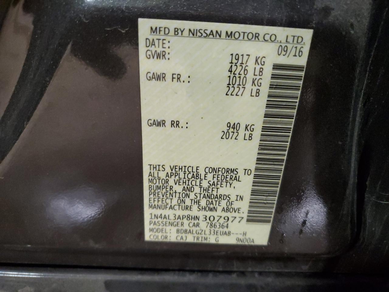 2017 Nissan Altima 2.5 VIN: 1N4AL3AP8HN307977 Lot: 85919515