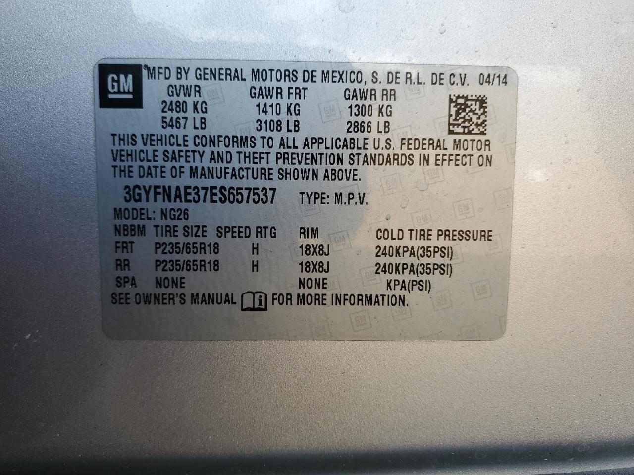 2014 Cadillac Srx VIN: 3GYFNAE37ES657537 Lot: 89691055