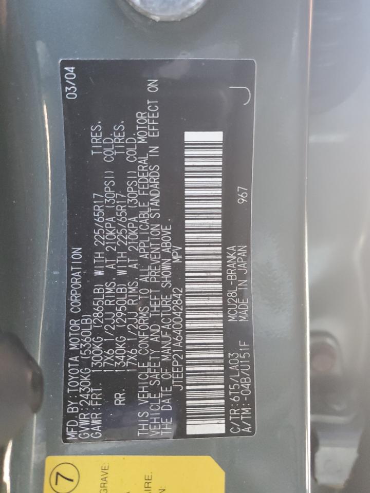 2004 Toyota Highlander VIN: JTEEP21A640042842 Lot: 86067185