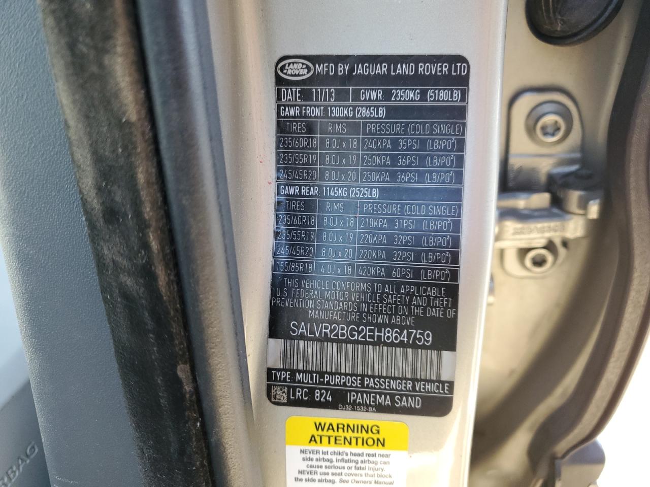 2014 Land Rover Range Rover Evoque Pure Premium VIN: SALVR2BG2EH864759 Lot: 86153855