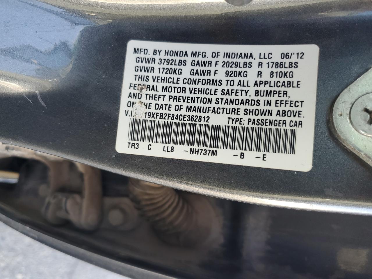 2012 Honda Civic Ex VIN: 19XFB2F84CE362812 Lot: 82385565