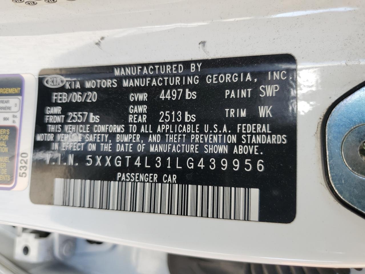 2020 Kia Optima Lx VIN: 5XXGT4L31LG439956 Lot: 85947985