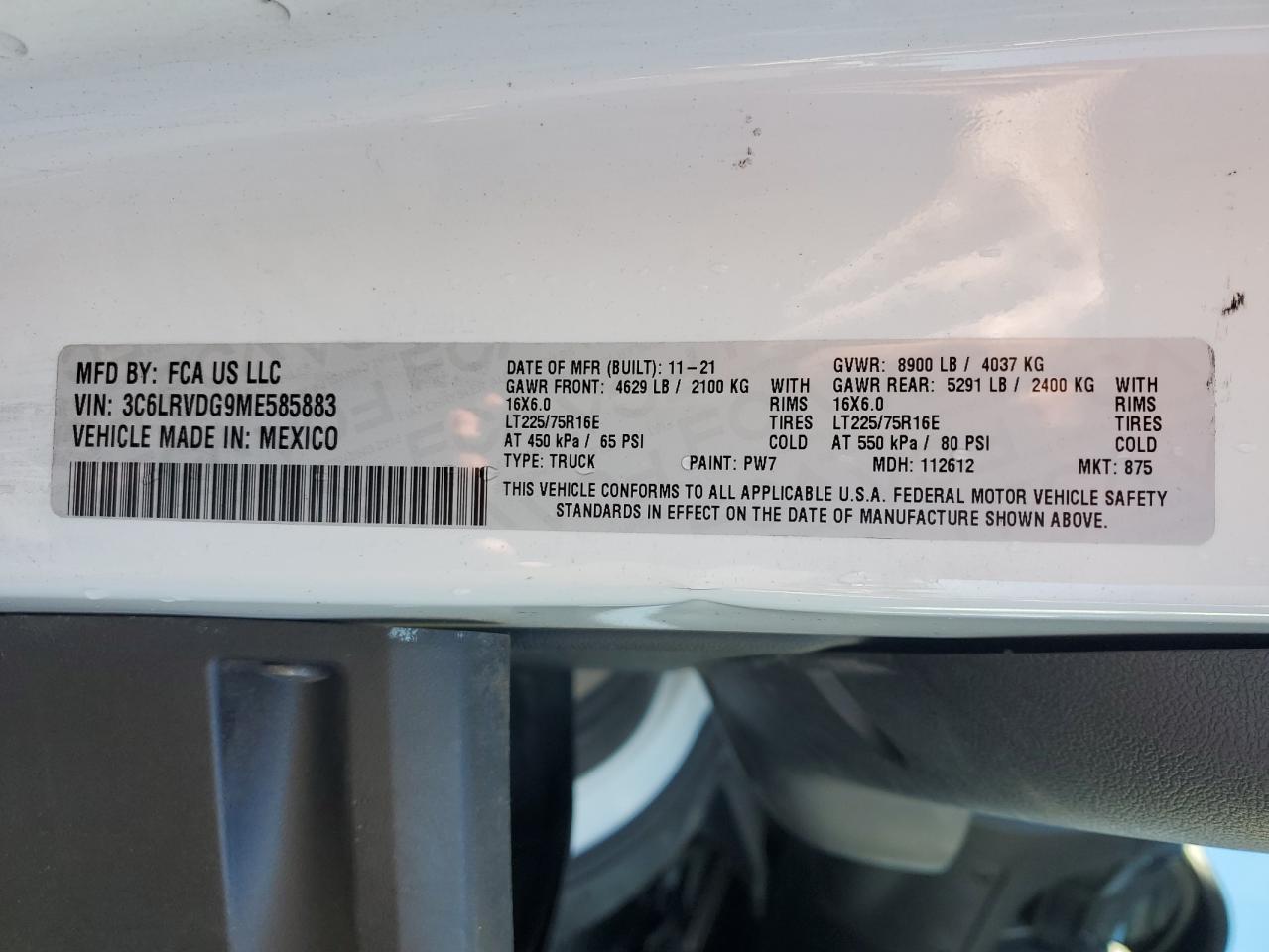 2021 Ram Promaster 2500 2500 High VIN: 3C6LRVDG9ME585883 Lot: 84910595