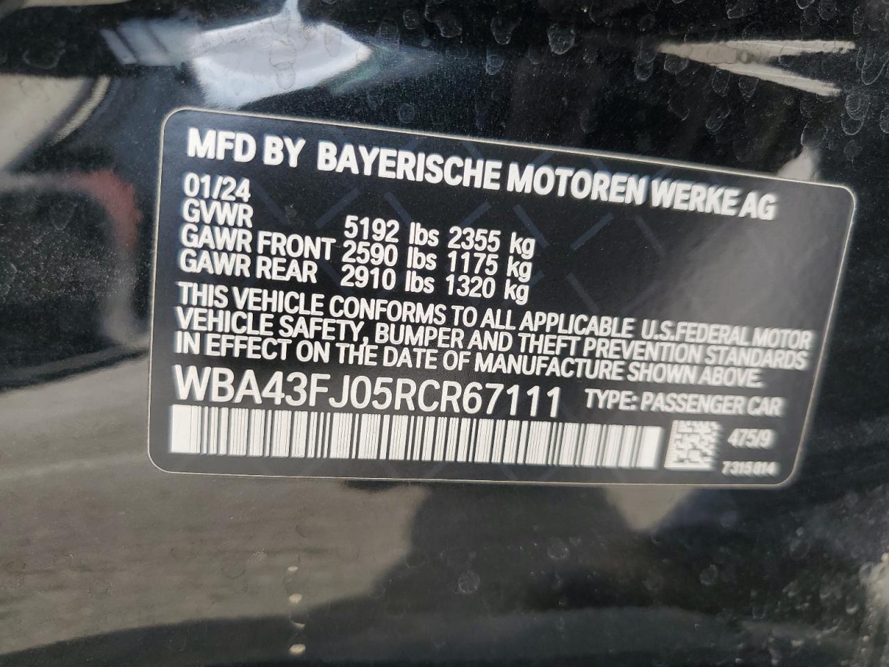 2024 BMW 530 I VIN: WBA43FJ05RCR67111 Lot: 84942315