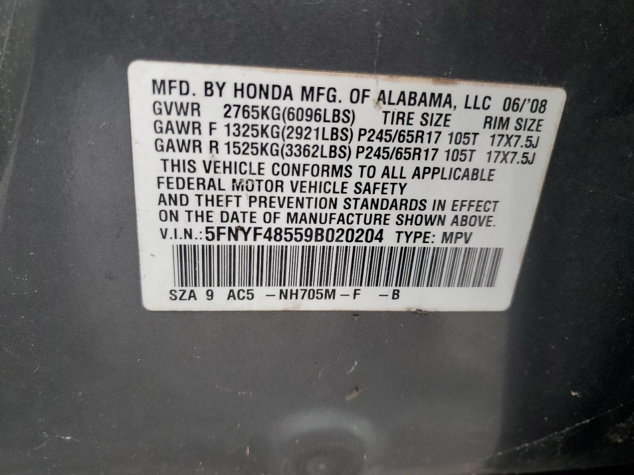 2009 Honda Pilot Exl VIN: 5FNYF48559B020204 Lot: 81955615