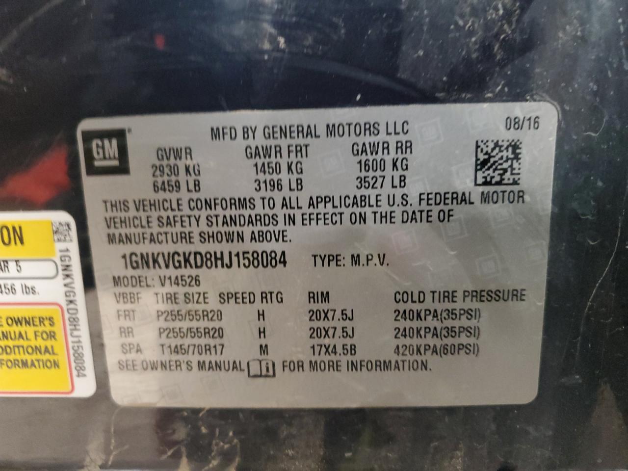 2017 Chevrolet Traverse Lt VIN: 1GNKVGKD8HJ158084 Lot: 84614995