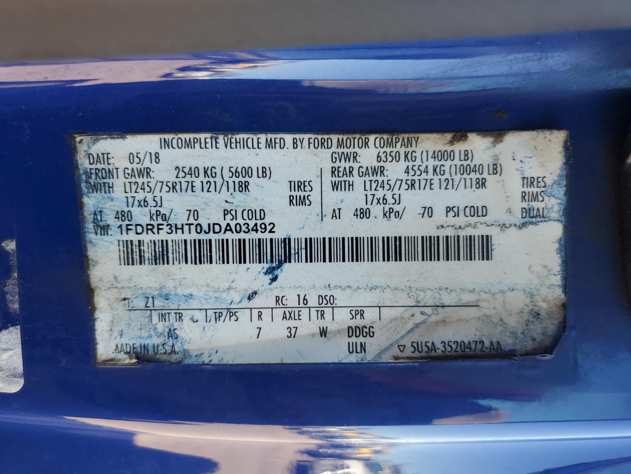 2018 Ford F350 Super Duty VIN: 1FDRF3HT0JDA03492 Lot: 84277975