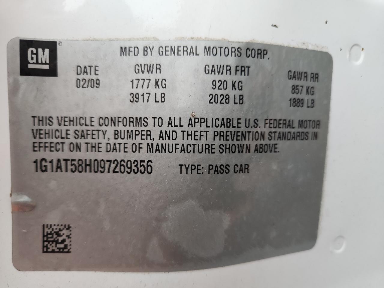 2009 Chevrolet Cobalt Lt VIN: 1G1AT58H097269356 Lot: 87256835