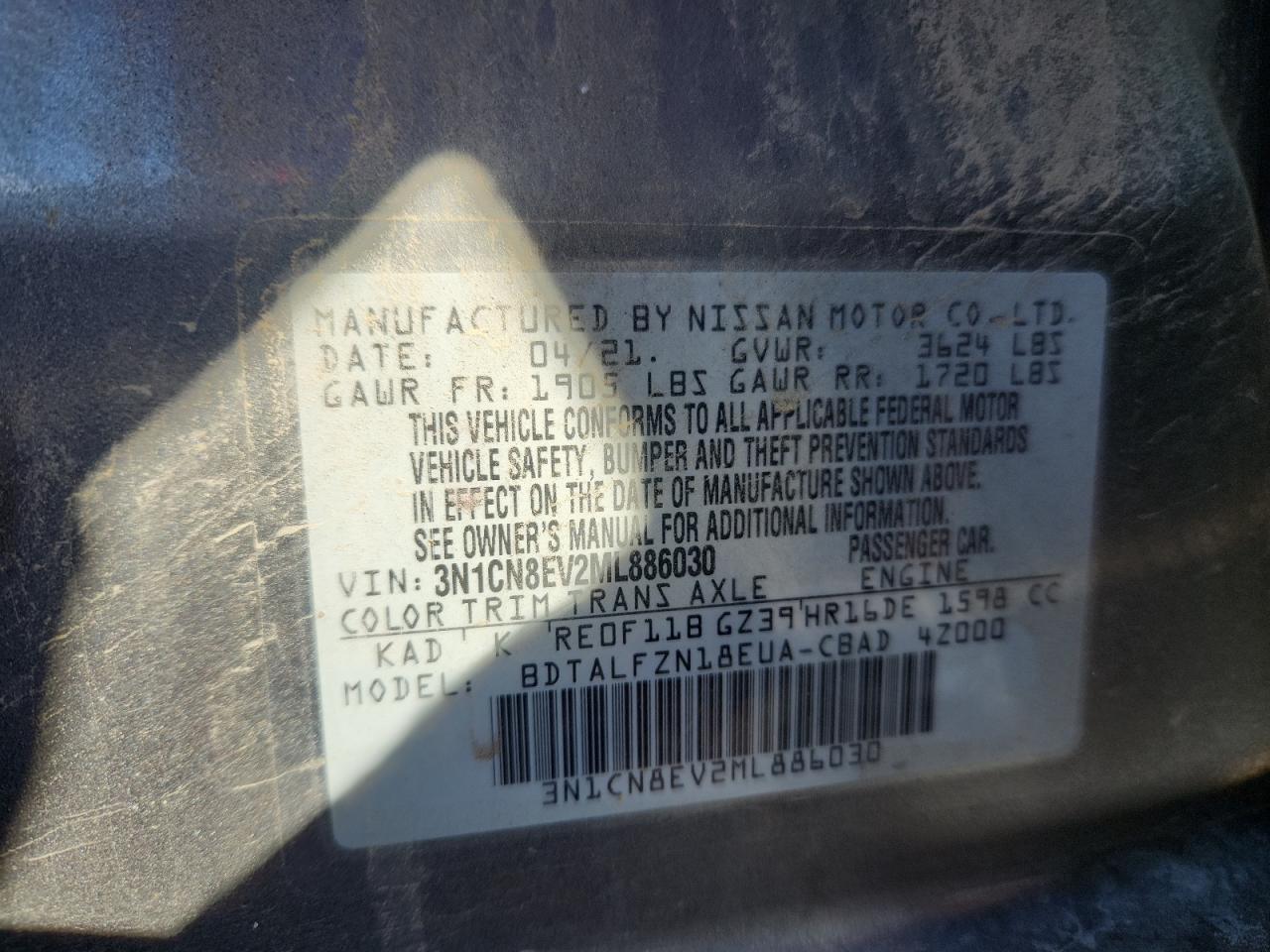 2021 Nissan Versa Sv VIN: 3N1CN8EV2ML886030 Lot: 82301705