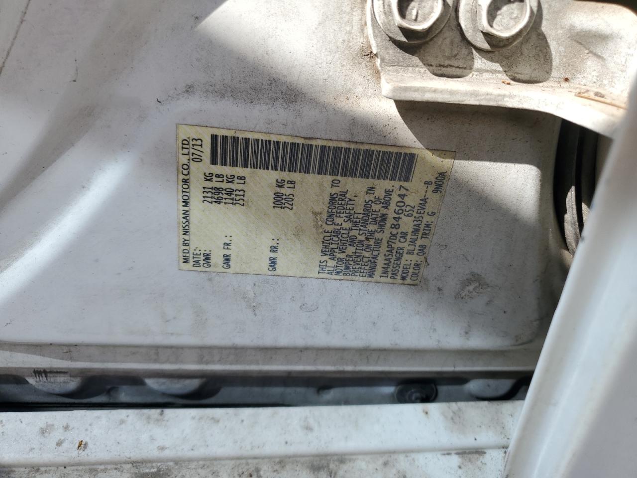 2013 Nissan Maxima S VIN: 1N4AA5AP7DC846047 Lot: 89552535