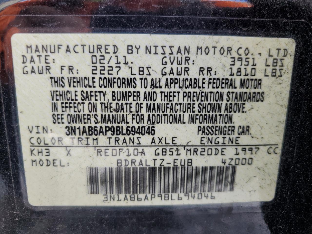 2011 Nissan Sentra 2.0 VIN: 3N1AB6AP9BL694046 Lot: 84886335
