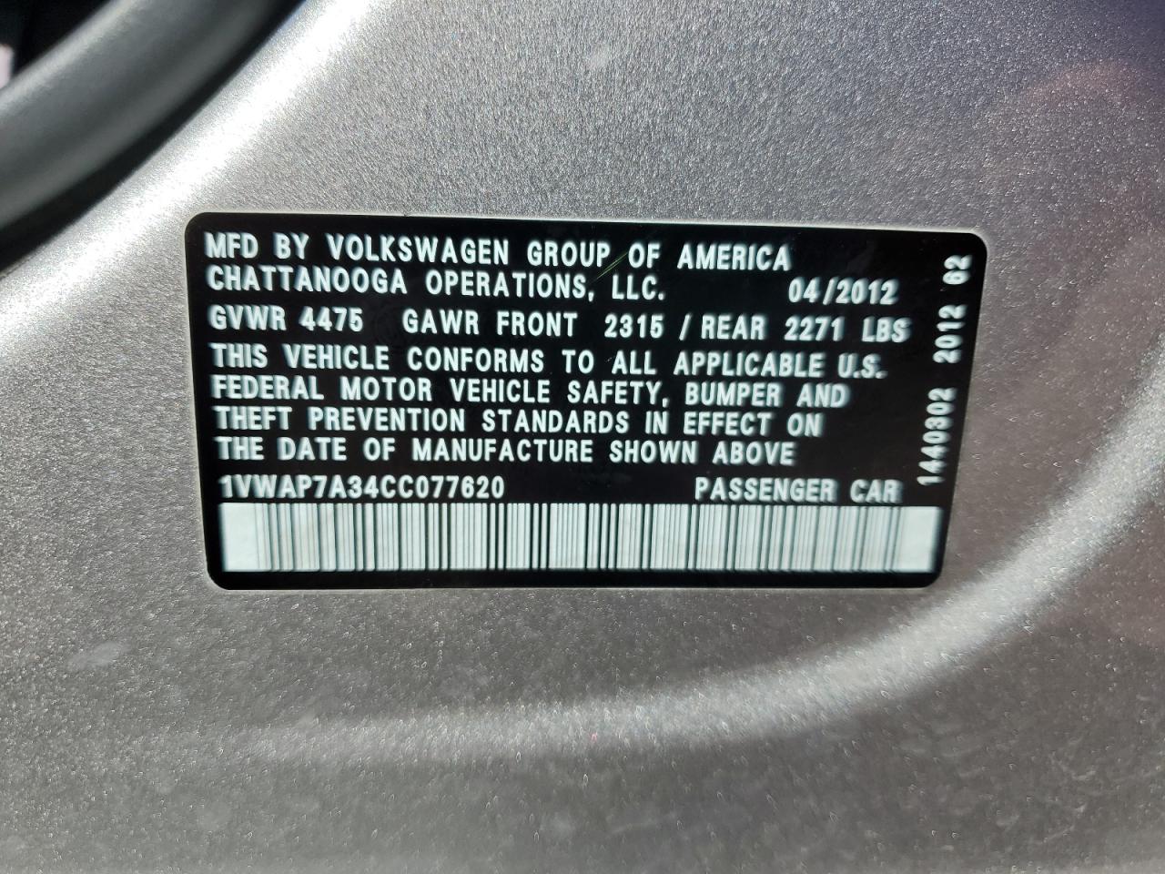 2012 Volkswagen Passat S VIN: 1VWAP7A34CC077620 Lot: 84992655