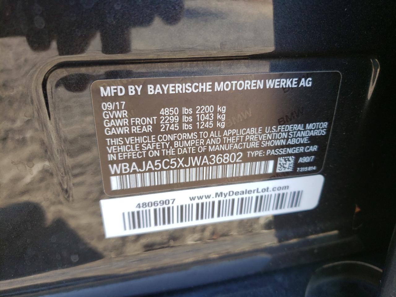 2018 BMW 530 I VIN: WBAJA5C5XJWA36802 Lot: 82397005