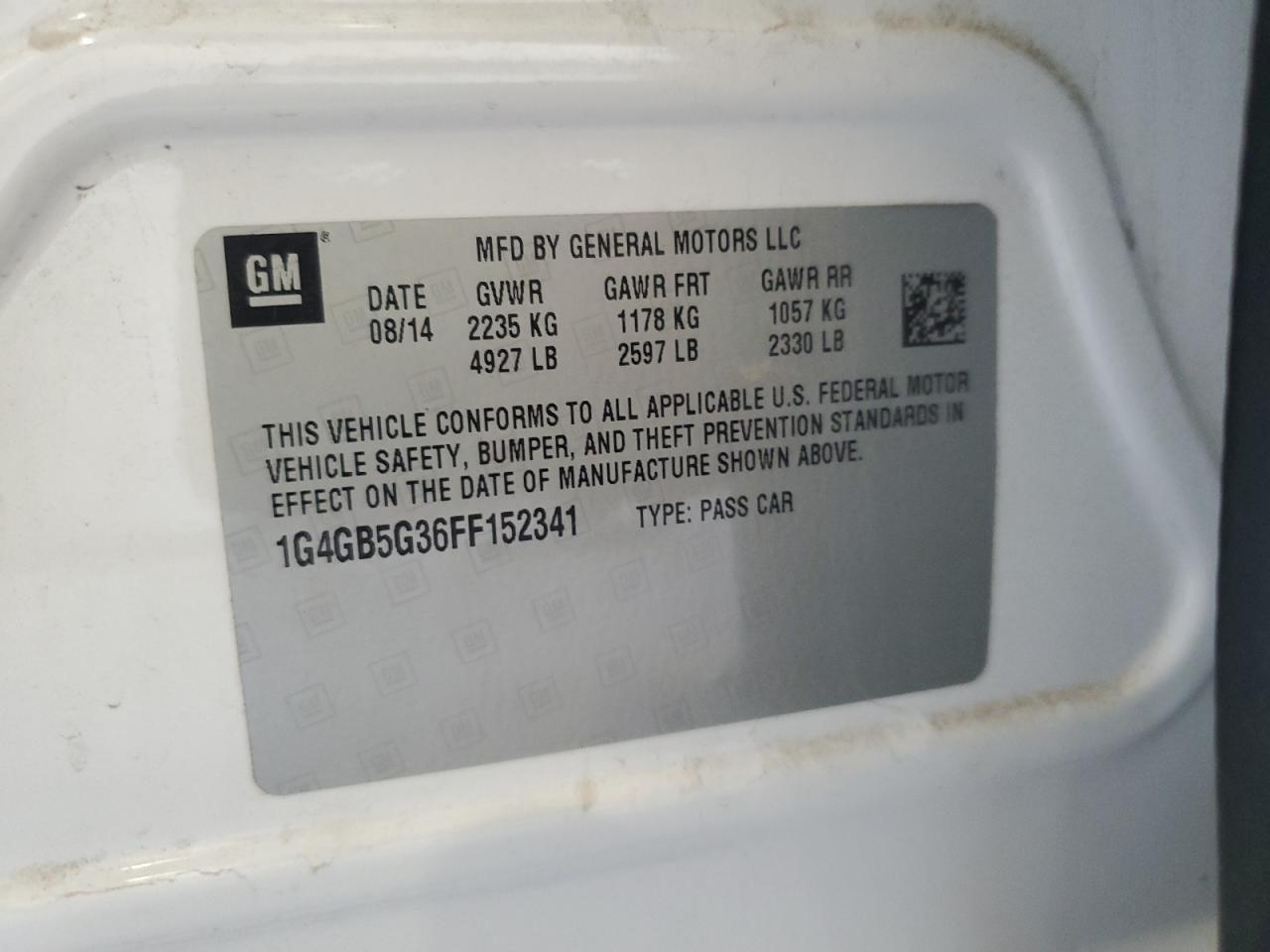 2015 Buick Lacrosse VIN: 1G4GB5G36FF152341 Lot: 87079505