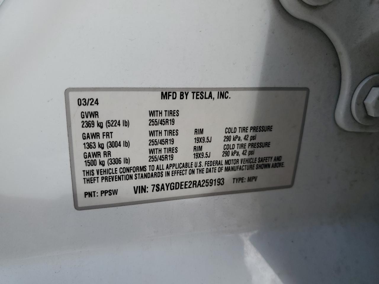 2024 Tesla Model Y VIN: 7SAYGDEE2RA259193 Lot: 89858845