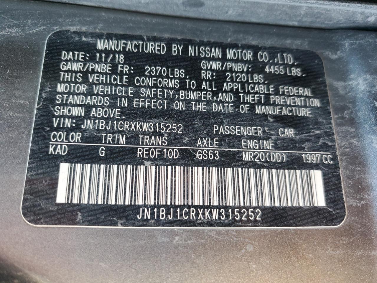 2019 Nissan Rogue Sport S VIN: JN1BJ1CRXKW315252 Lot: 86088645