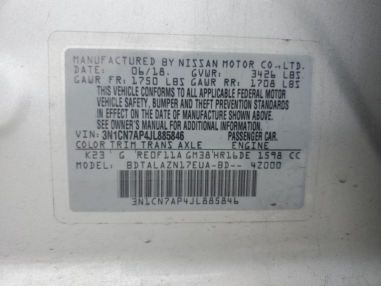 2018 Nissan Versa S VIN: 3N1CN7AP4JL885846 Lot: 85343845