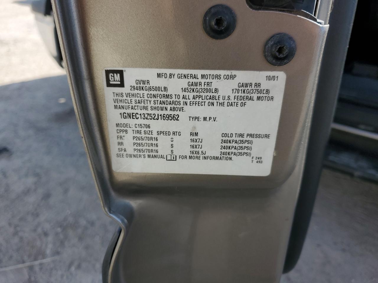 2002 Chevrolet Tahoe C1500 VIN: 1GNEC13Z52J169562 Lot: 81831655